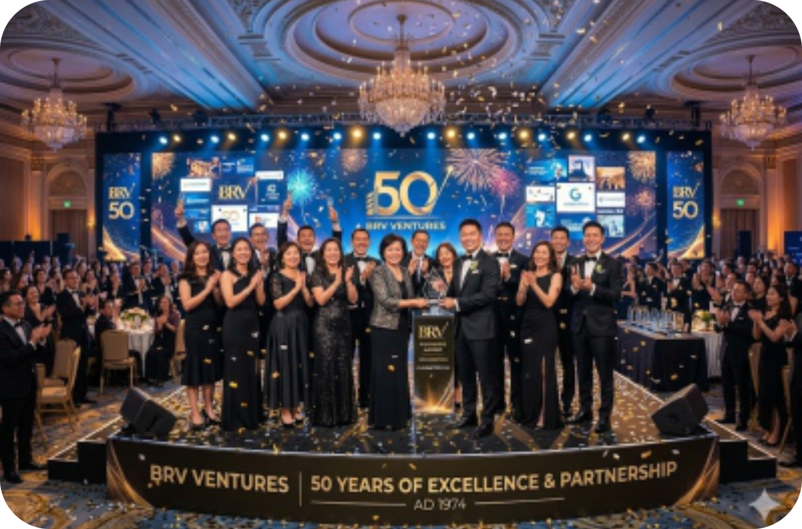 Premium corporate event production with stage lighting audience seating and hospitality setup