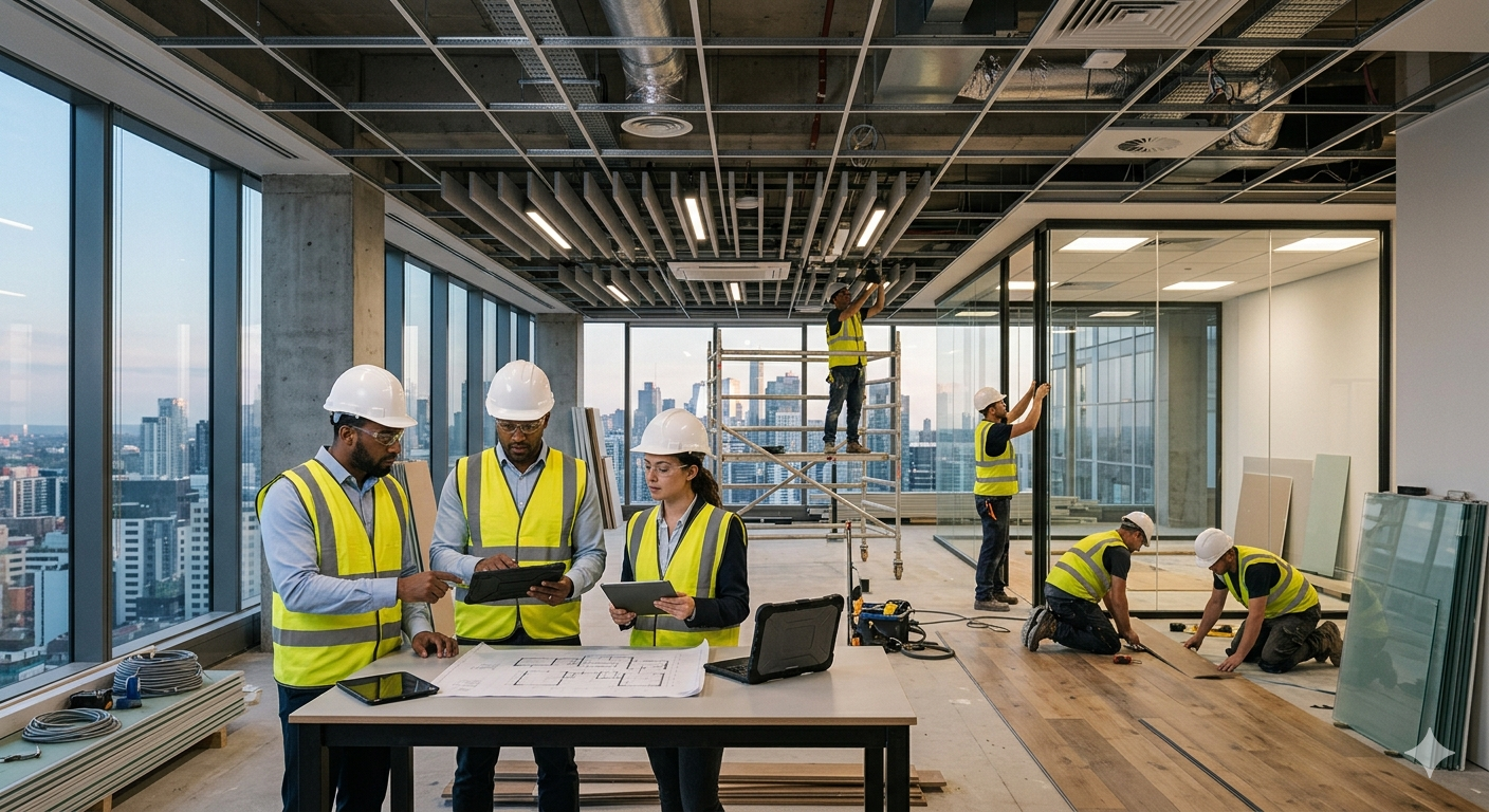 Fitout project execution team coordinating installation inside a commercial office space