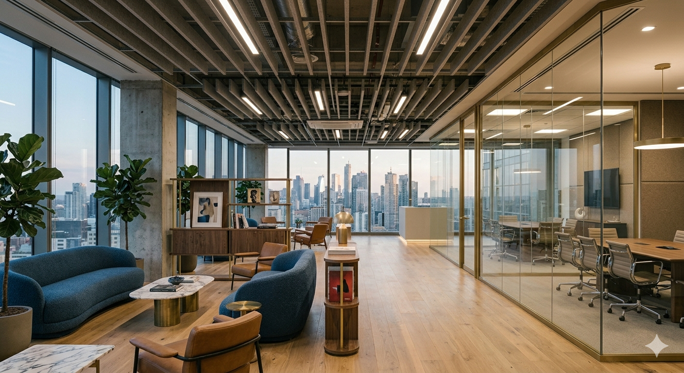 Completed premium office fitout with modern lounge meeting rooms and exposed ceiling services